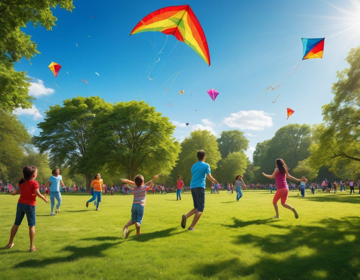 A lively scene depicting families and friends enjoying various games and activities together in a vibrant park setting. Include colorful kites flying in the sky, people playing frisbee, and children laughing while engaging in team games. Emphasize joy and togetherness with bright smiles and dynamic poses. Focus on a warm, sunny atmosphere with lush greenery in the background. super-realistic. vibrant colors.
