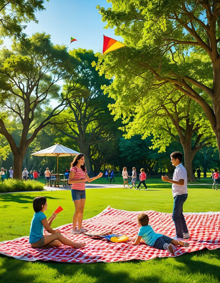 A vibrant scene depicting a family engaging in various interactive play activities in a sprawling park, with children flying kites, playing frisbee, and adults enjoying a picnic. The background features colorful playground equipment and lush greenery, creating a joyful atmosphere. Bright, cheerful faces highlight the delight of shared experiences, with golden sunlight casting warm shadows. illustrative style. bright colors.