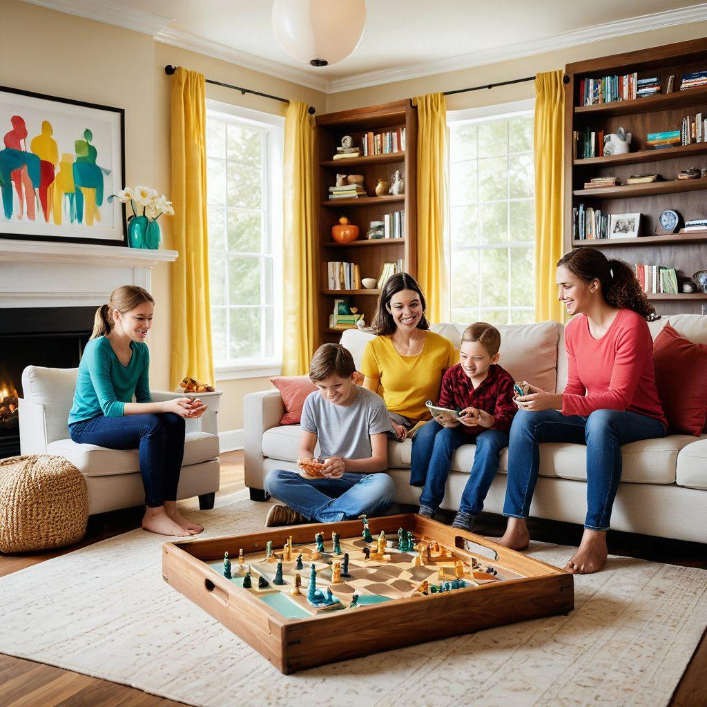 A vibrant family scene in a cozy living room, where parents and children are joyfully playing board games, surrounded by colorful game pieces and laughter. The room is filled with warm light, showcasing a bookshelf with various wholesome games and entertainment options. Include smiling faces, snacks on a table, and a playful pet joining in the fun. Illustrate a sense of connection and happiness among family members. bright colors. cozy atmosphere. painting.